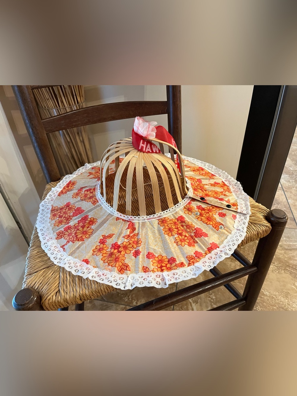 Vintage Hawaii Bamboo Folding Fan Sun Hat Floral 2-in-1 Retro Boho